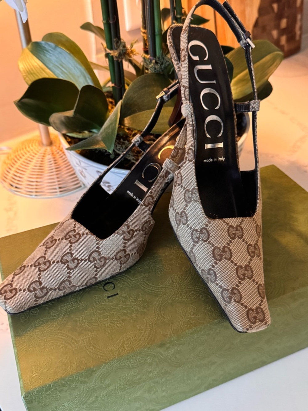Gucci Beige Brown GG Monogram Slingback Pumps